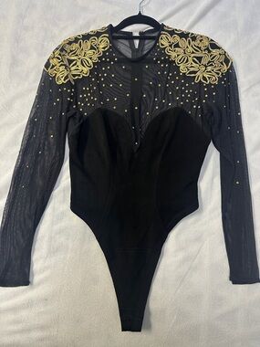 Source Unknown Black Sheer Long-Sleeve Bodysuit with Gold Embellishment